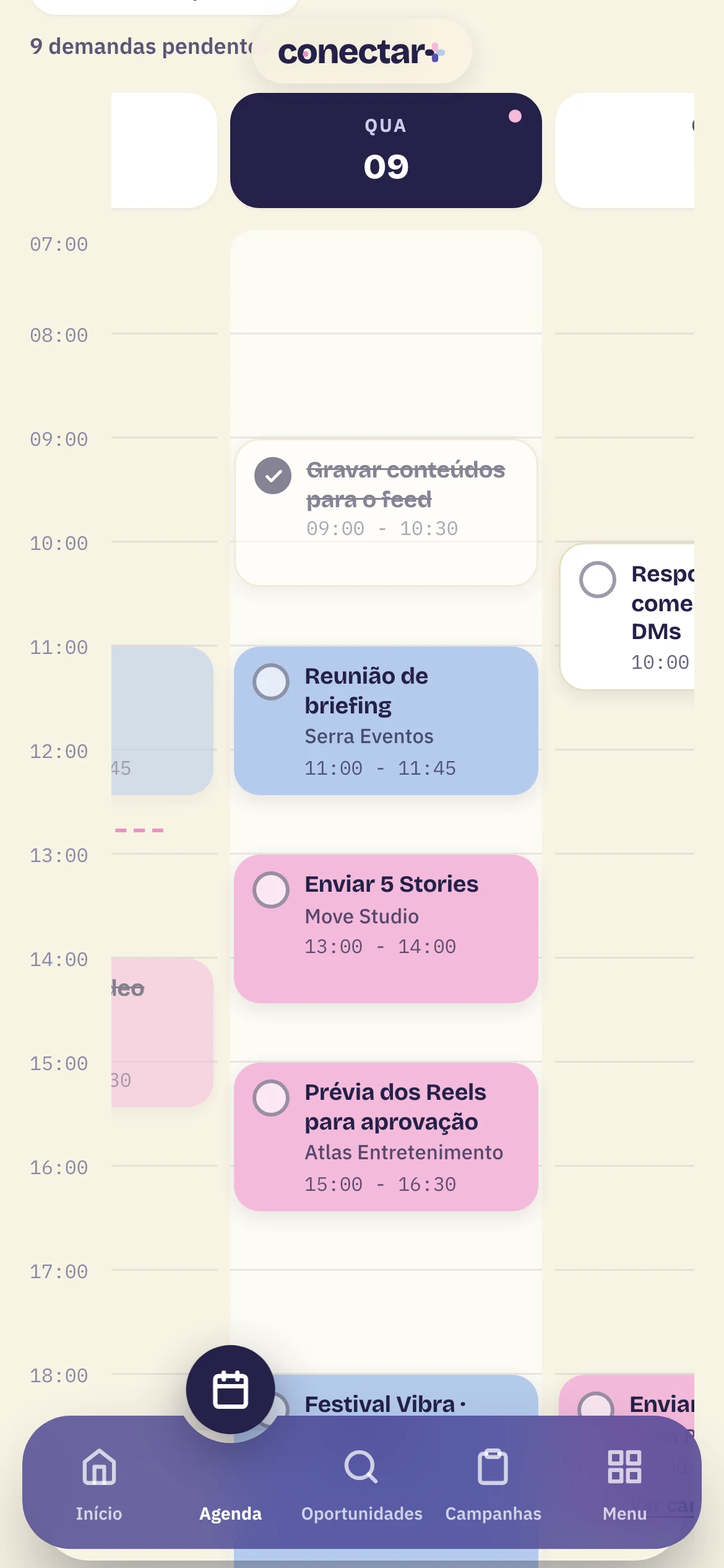 Agenda da criadora no aplicativo conectar+ com entregas e eventos da semana