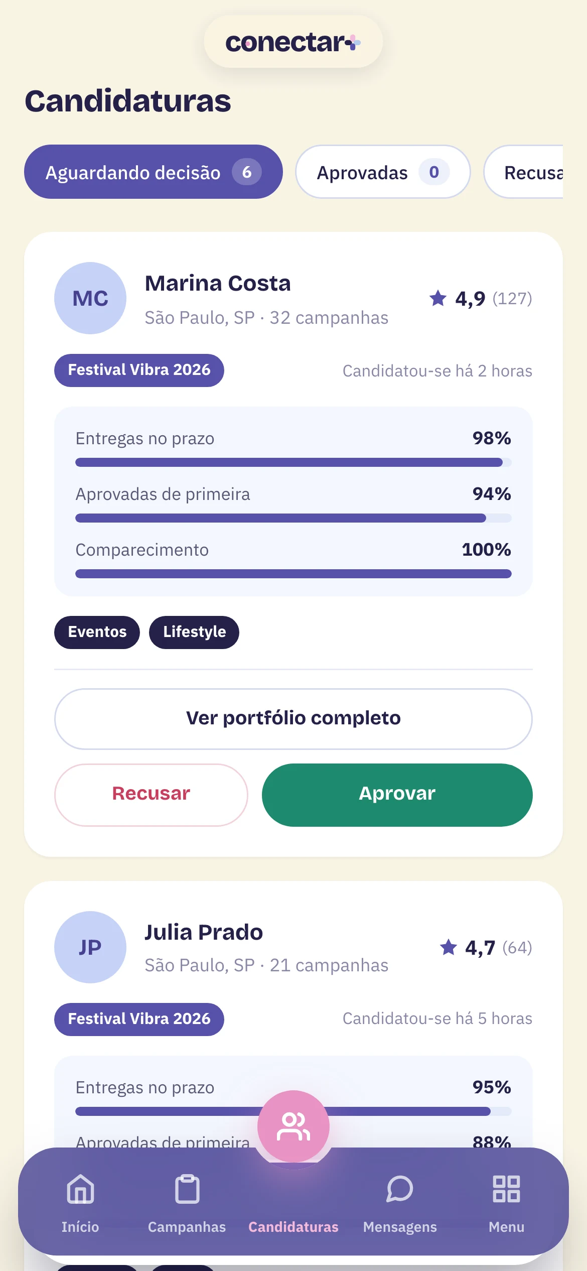 Agenda da criadora no aplicativo conectar+ com entregas e eventos da semana