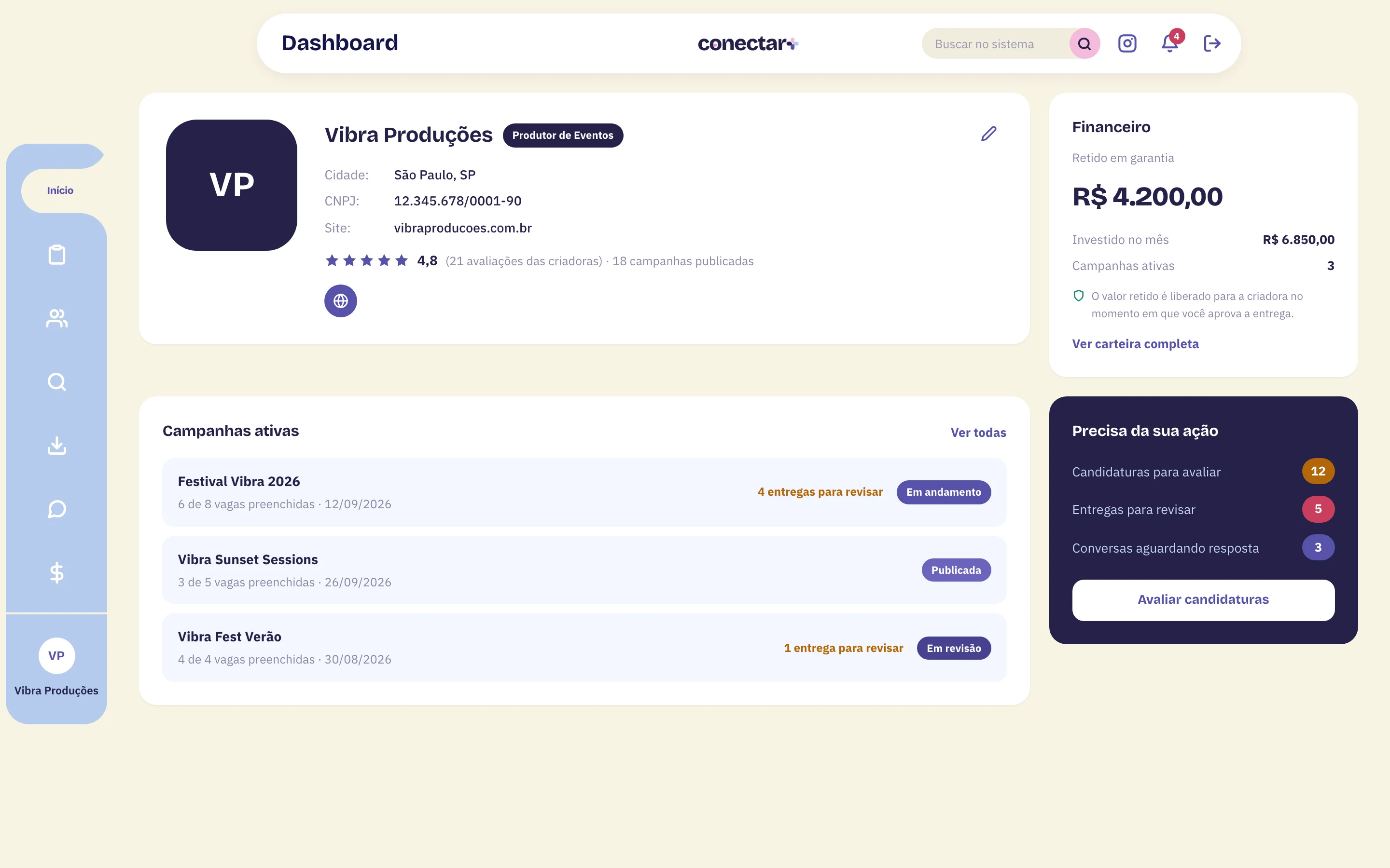 Dashboard da criadora UGC no conectar+: cachê, campanhas disponíveis e candidaturas